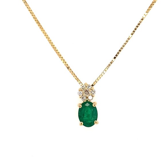Oval Green Emerald Diamond Flower 14K Yellow Gold Pendant on a 18" Box Chain - Picture 1 of 2